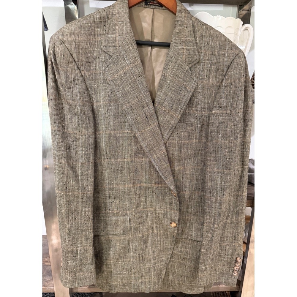 The Shirt Shop Tuscaloosa Vintage Mens Glen Plaid Linen Blazer Brown USA Made